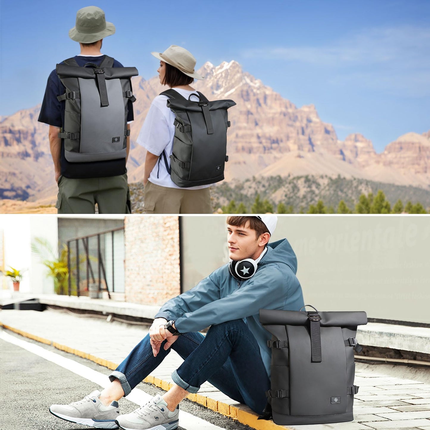 Rolltop Laptop Backpack for Men Women,15.6 Inch Expandable Water-Resistant Anti-Theft Backpack, Business Large Capacity Computer Bag for Casual Commute Work Daily College Travel-Grey