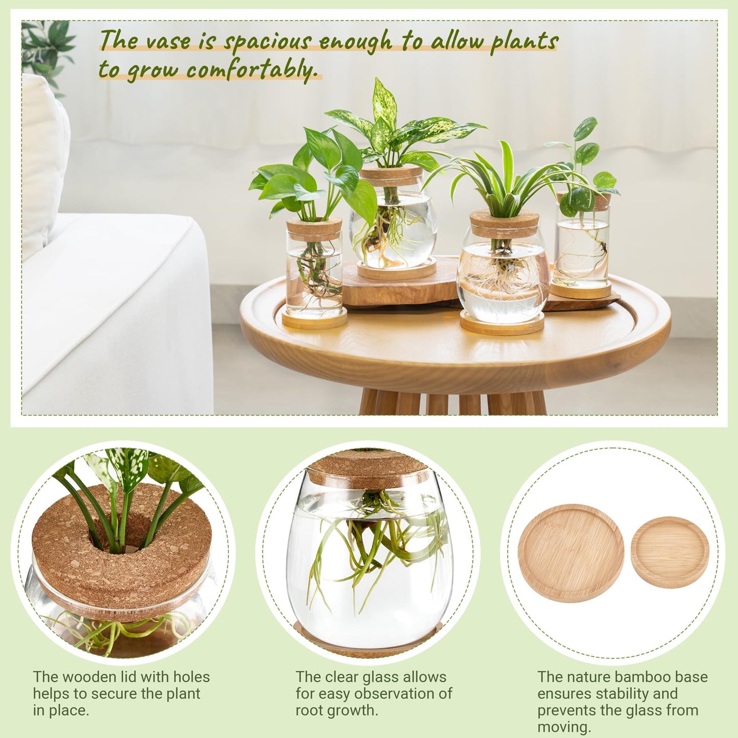 Dahey 4 Pcs Plants Propagation Stations Desktop Propagated Plant Jars Terrarium Glass Planters with Wooden Base and Lid Hydroponic Vase for Indoor Plants Tabletop Home Office Decor