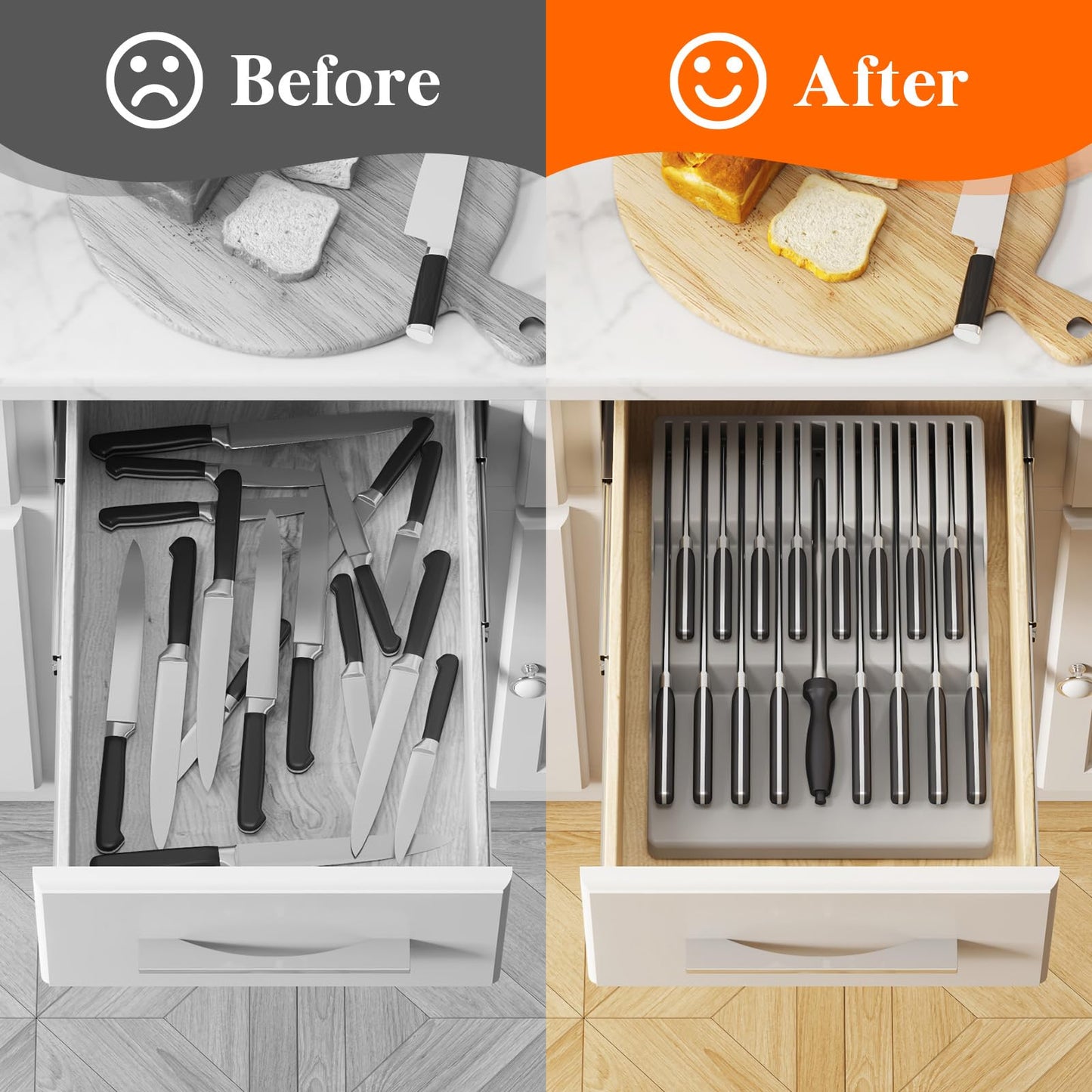 Lifewit Magnetic Drawer Knife Organizers Insert, Kitchen Plastic In Drawer Knife Block Slots, Steak Chefs Knives Holder Storage Sets for 16 Knives and 1 Sharpening Steel, Extra Large, Gray