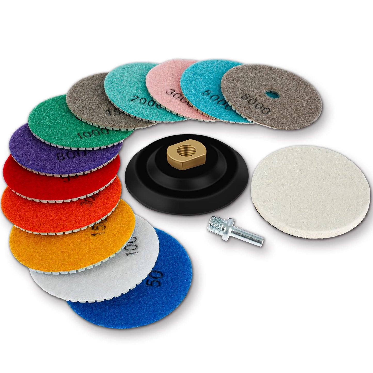 Abizarch 15Pcs 4 Inch Diamond Polishing Pads with Backer Pad, Wet/Dry 50-8000 Grit Polish Pad Kit for Drill Grinder Polisher Concrete Granite Marble Quartz Countertop Stone Rock