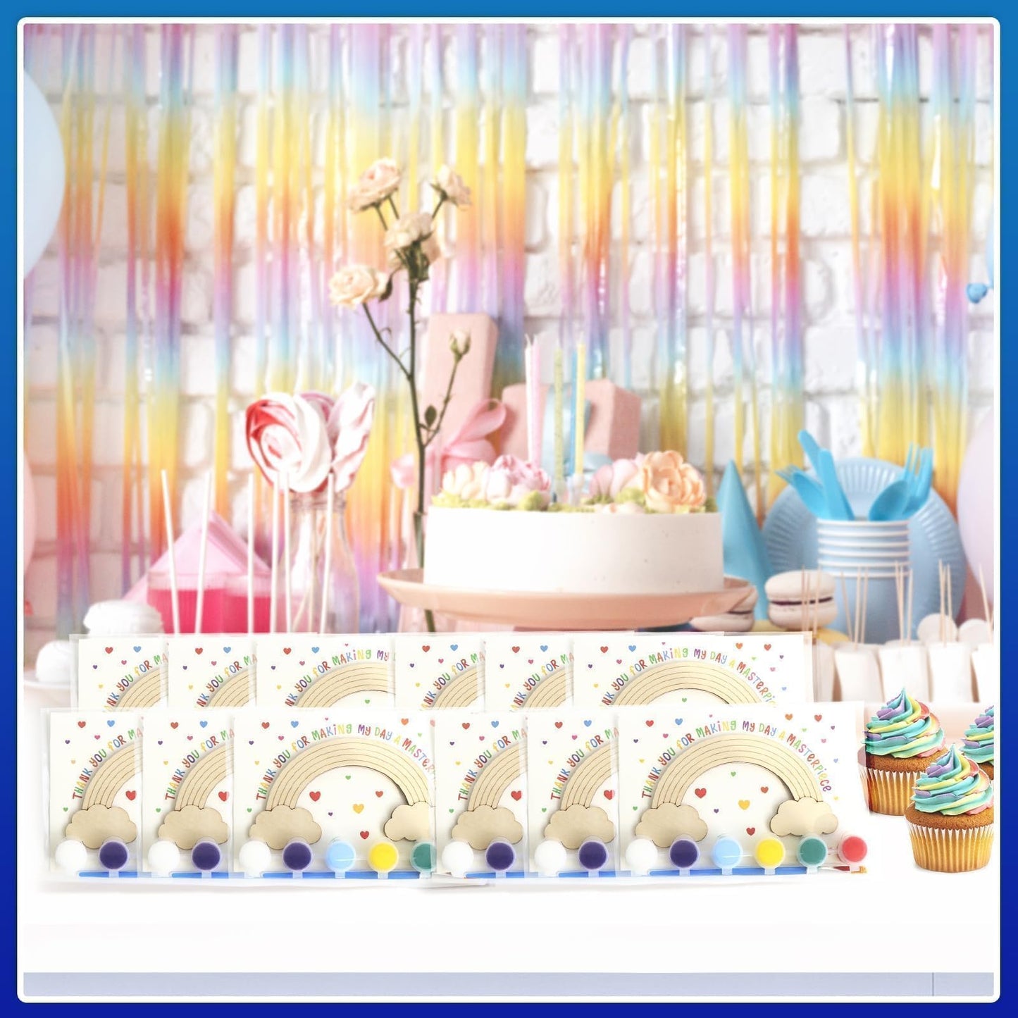 12-Pack Pre-Packaged Rainbow Party Favors for Kids, Wooden Rainbow Cutouts with Magnets & Painting Kits, Birthday Thank You Gifts for Guests, Rainbow Theme Party Decorations