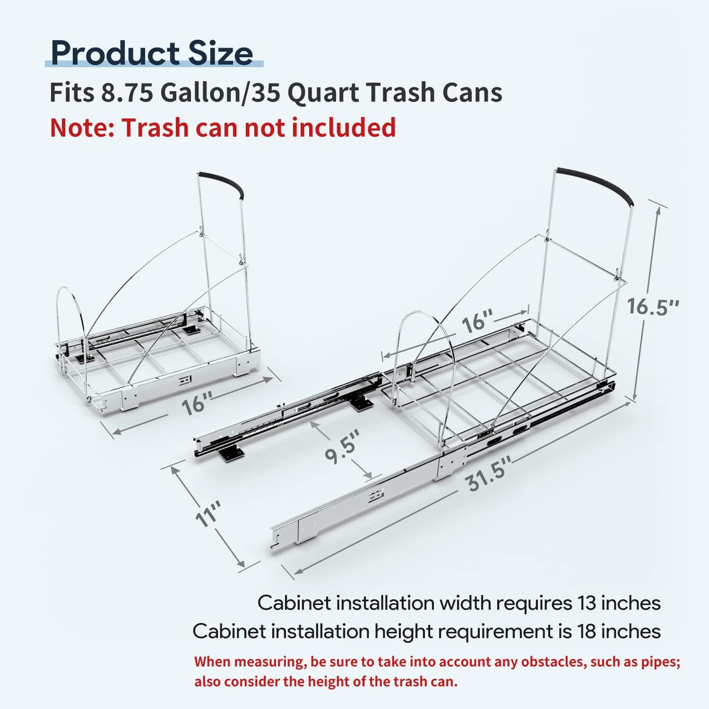 Pull Out Garbage Bin Kitchen,Roll Out Trash Can Under Cabinet,Under Sink Slide Out Organizer,Cabinet Garbage Can Slide Out Kit with Silicone Handle,Chrome-Waste Bin Not Included