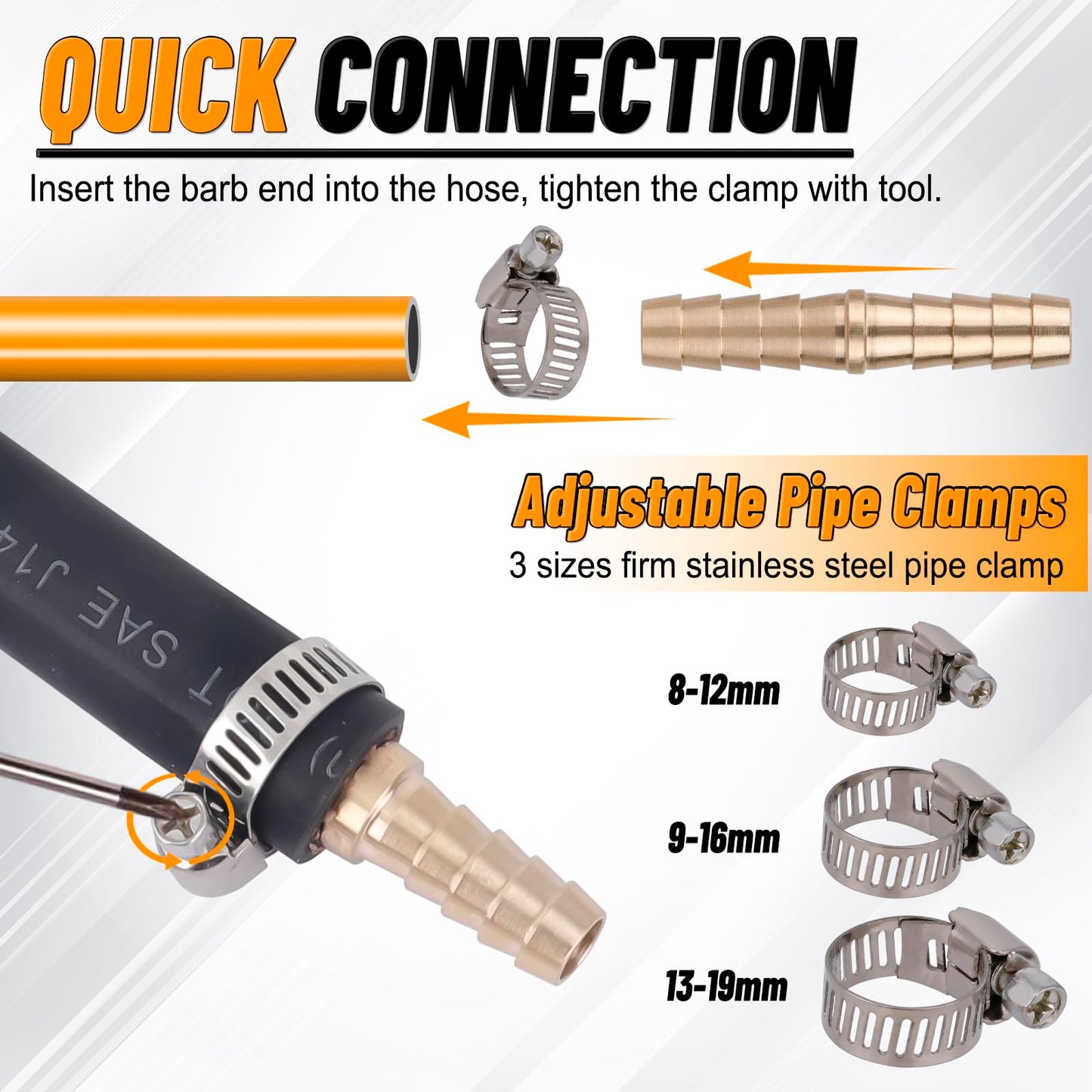 KOOTANS 32PCS Brass Hose Barb Fittings Barb Splicer Mender Hose Fittings Kit 3/16" 1/4" 5/16" 3/8" 1/2" Barbed Air Hose Fittings with 46pcs Pipe Clamps for Water Fuel Air Line Connector Fitting