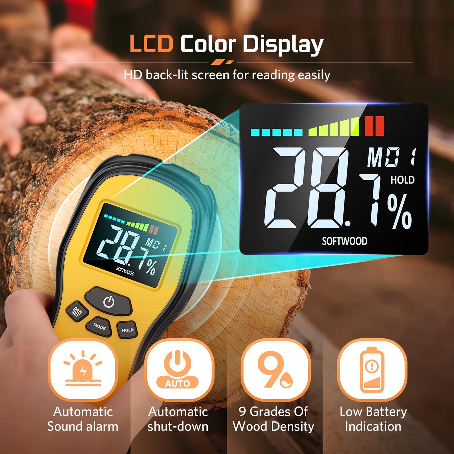 Pinless Moisture Meter - Povlen Wood Moisture Meter Digital Humidity Detector for Lumber Drywall Firewood Masonry Woodworking Plaster Flooring Concrete Construction with LCD Display Sound Alarm