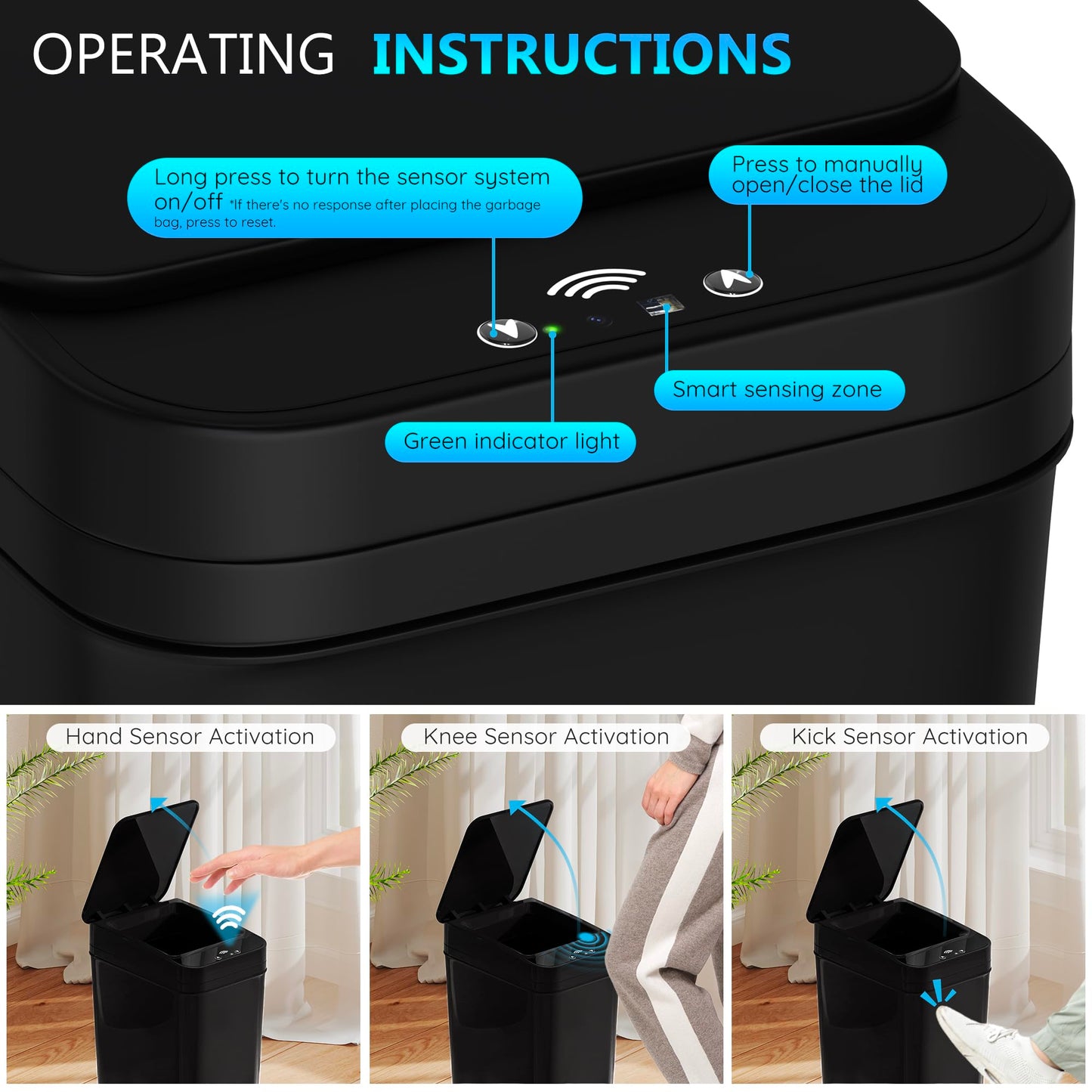 3 Pack Bathroom Trash Can with Lid Touchless Automatic Garbage Can, 2.6 Gallon Slim Waterproof Motion Sensor Smart Trash Can, Small Plastic Trash Bin for Bedroom, Office, Living Room-Black