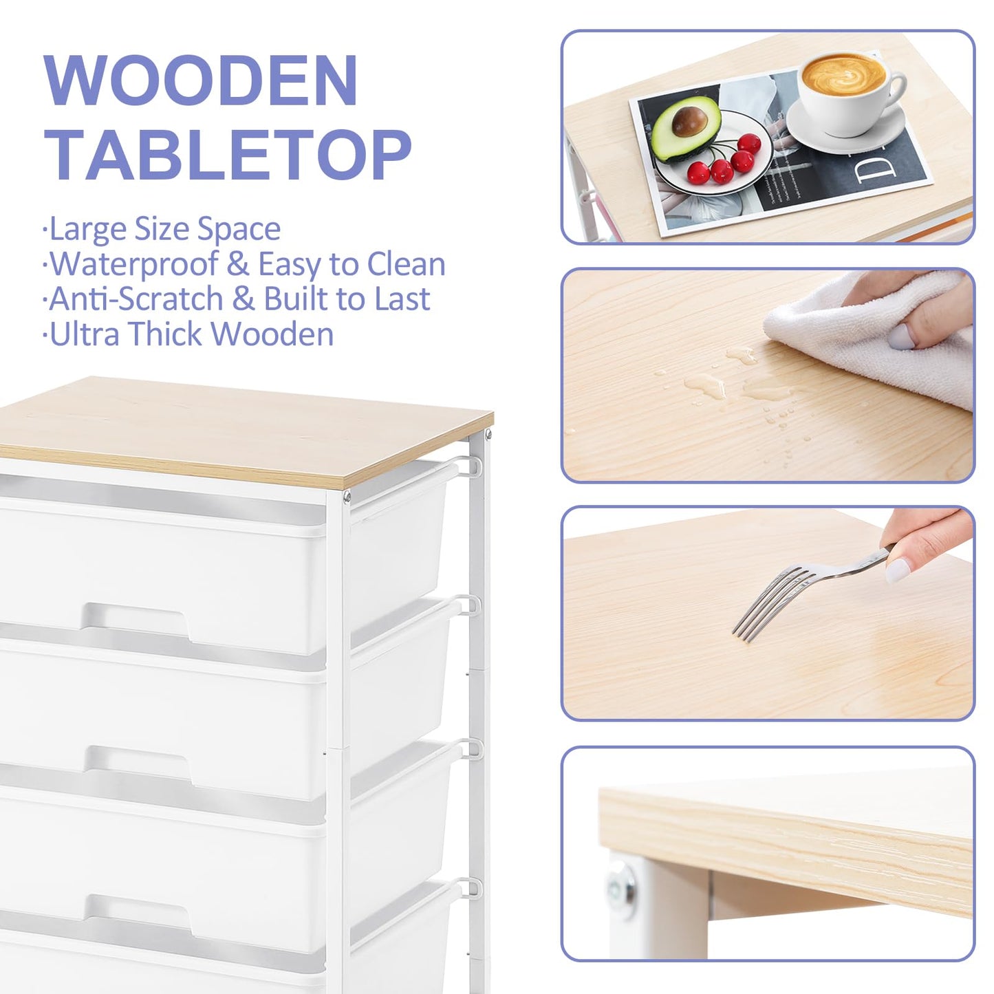 SYKIARIOL Utility Cart with 4 Drawers,Rolling Storage Cart with Drawers,Storage Rolling Drawer Cart with Wooden Tabletop for Bedroom,Kid's Room,Dorm,Classroom,Office,Bright White