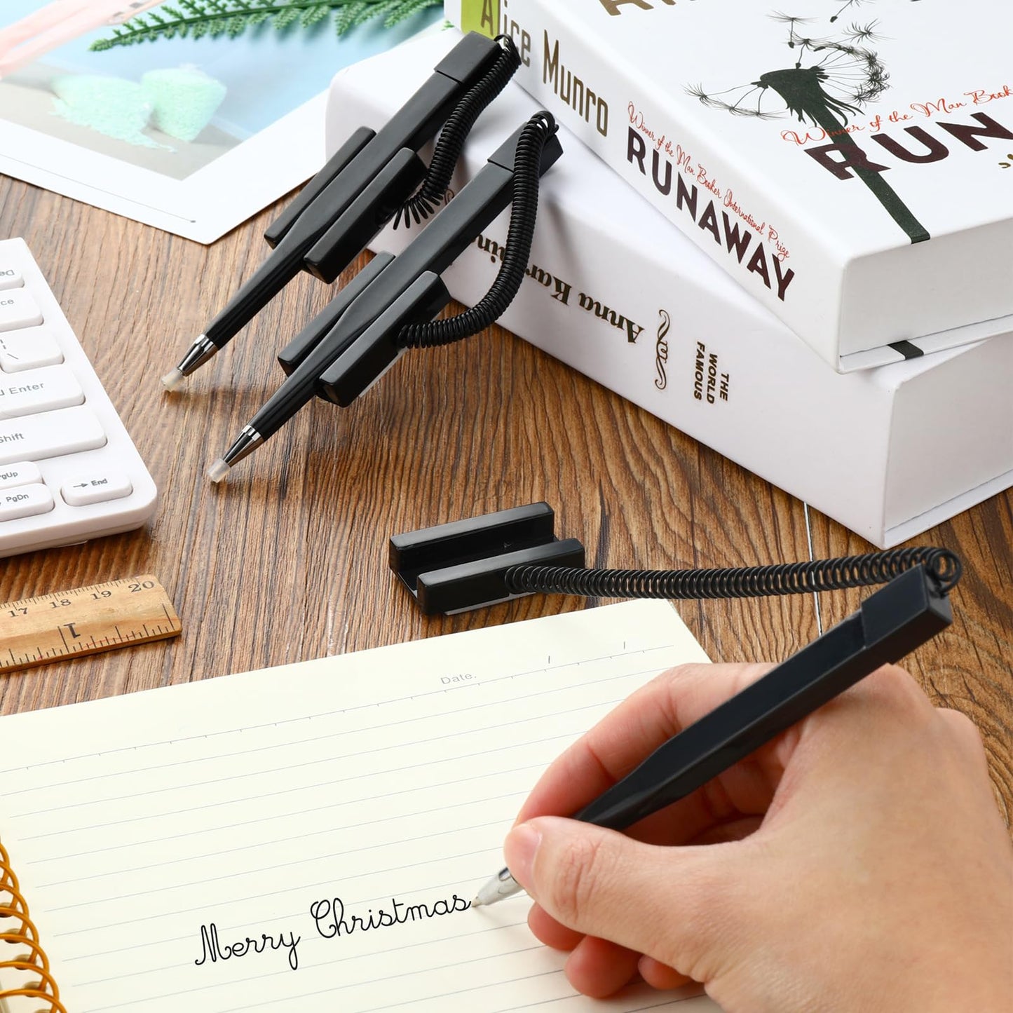 Zonon 48 Pieces Secure Counter Pens with Adhesive Chain Black Ink Counter Pen with Base Pen Holder and Plastic Coil Reception Pens for Home Bank Office Hotel Supplies