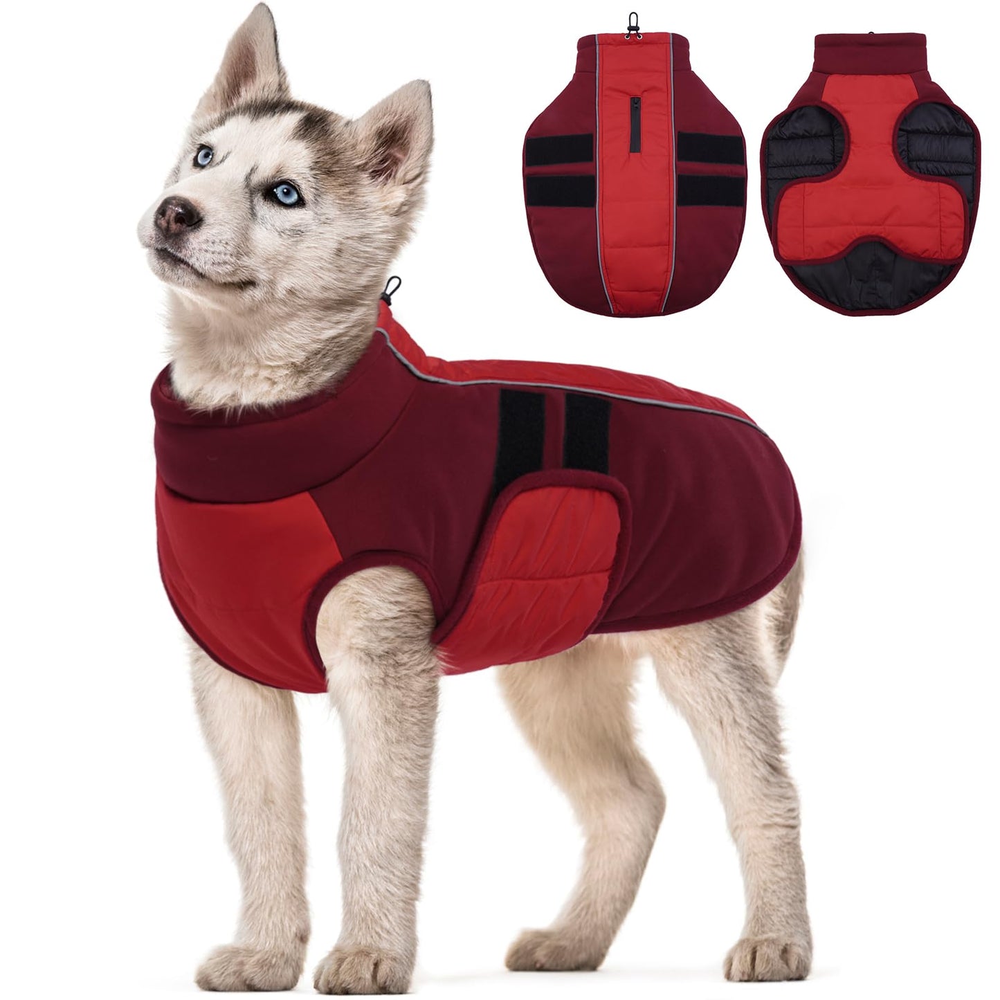 Kuoser Red Dog Coat, Winter Dog Jacket, Medium Size, Polyester Blend, Reflective Strips, Adjustable, Machine Washable