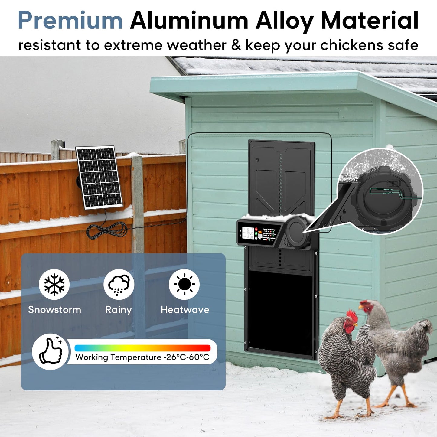Large Automatic Chicken Coop Door Solar Powered, Aluminum Solar Chicken Coop Door with Timer Mode, Premium 7W Solar Panel & Large LCD Display, Advanced Anti-Pinch Design, Range 20M Remote Control