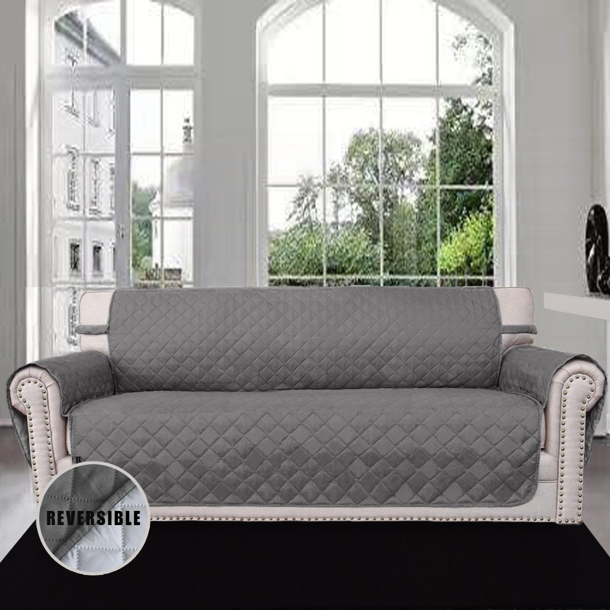 Easy-Going Sofa Slipcover Reversible Sofa Cover Furniture Protector Couch Cover with Elastic Straps for Pets Kids Children Dog Cat (Large, Gray/Light Gray)