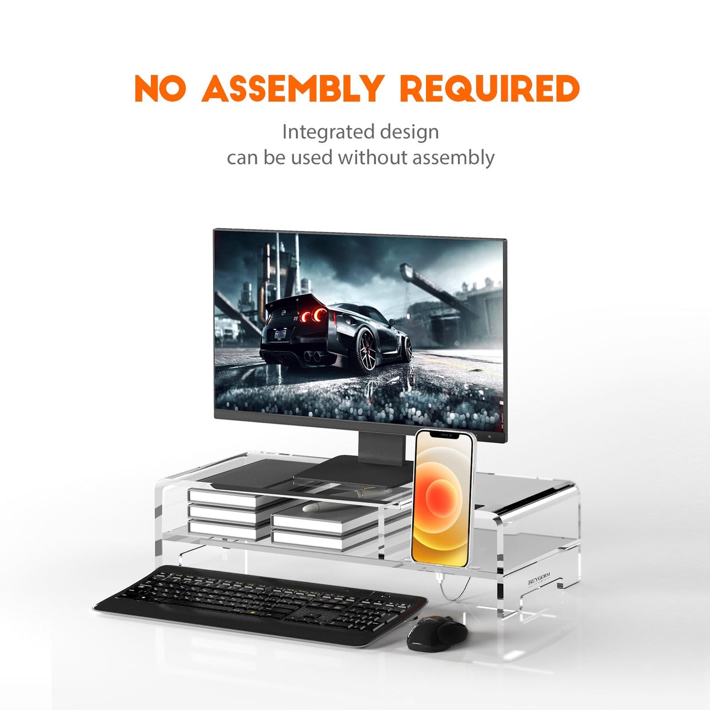 BEYGORM Acrylic Monitor Stand for Full Keyboard, 20" Wide 2-Tier Riser with Storage Shelf and Phone Holder, Desktop Organizer for Laptop, Printer, Screen (Clear)