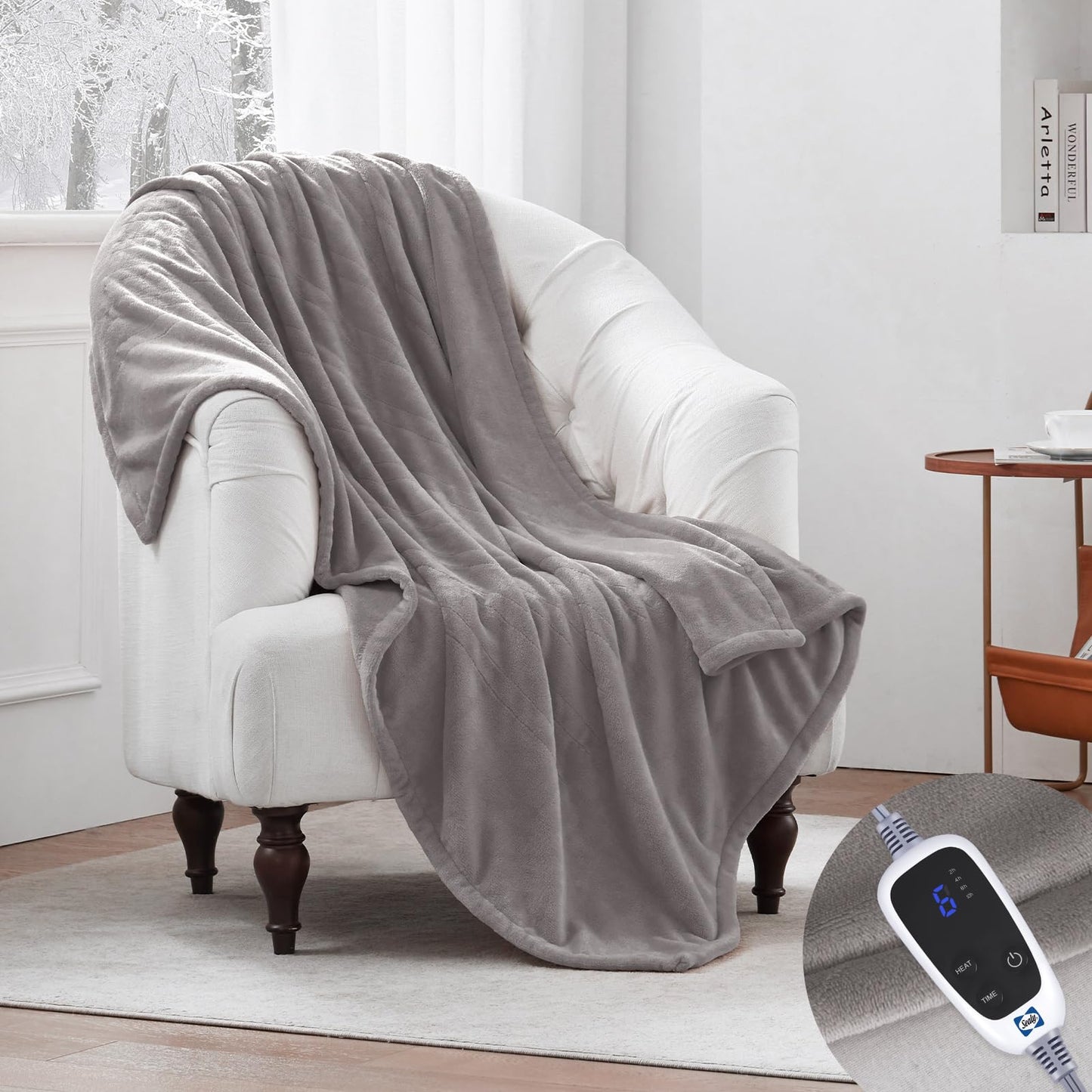 Sealy Electric Blanket Throw, Flannel Heated Blanket with 6 Heat Settings & 2-10 Hours Auto Shut Off, Fast Heating & Machine Washable for Home Office Use, 50x60 Inch, Light Grey