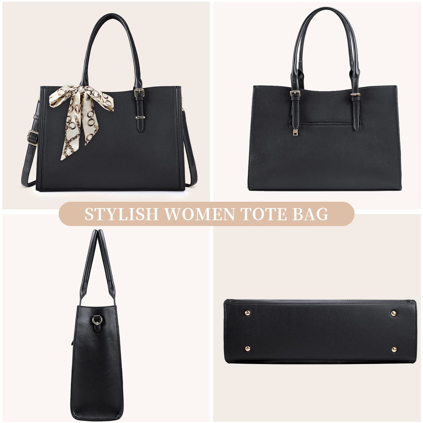 Laptop Bag for Women 15.6 inch Waterproof Leather Bag Work Laptop Computer Bag for Office Travel Handbag Shoulder Bag Black
