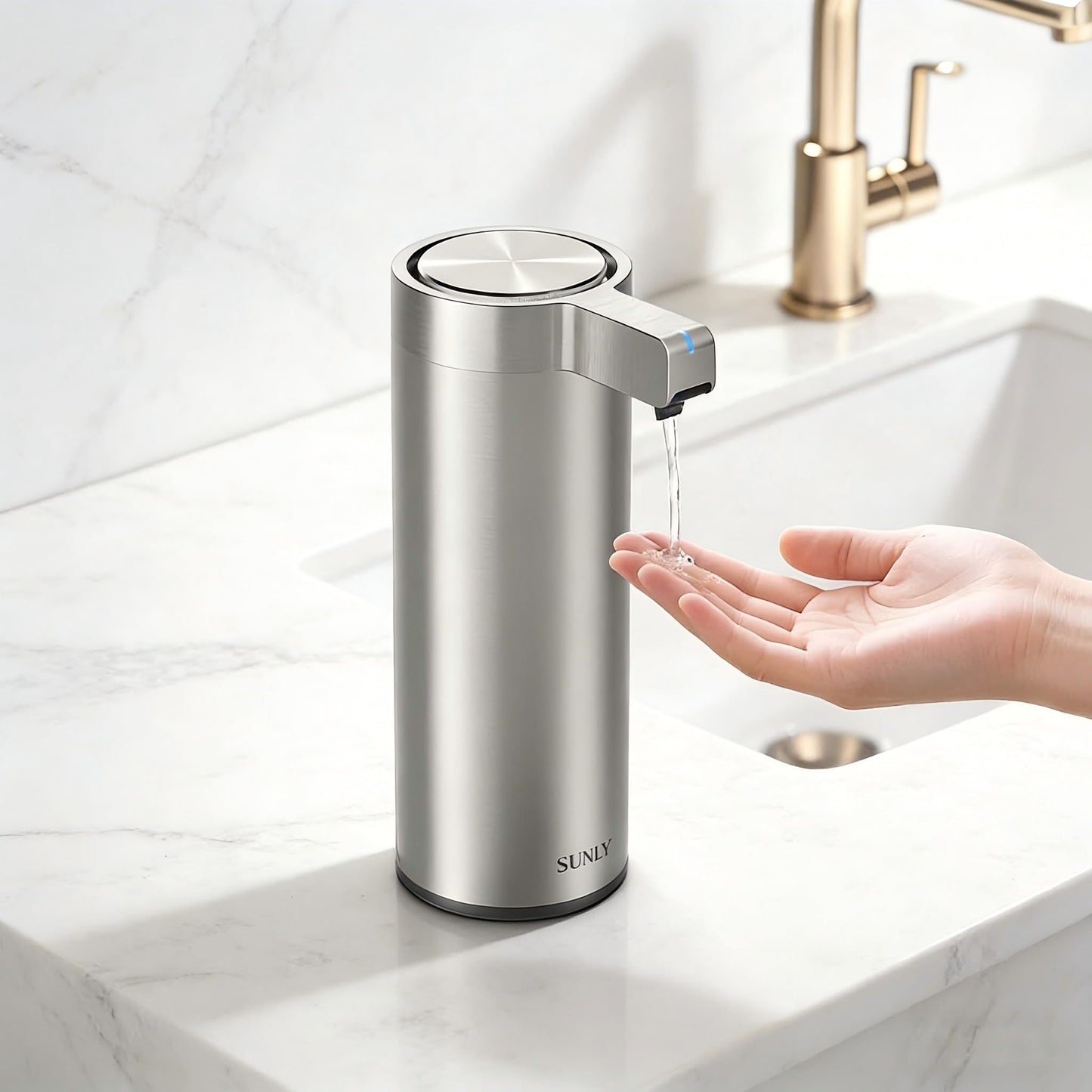 SUNLY Touchless Automatic Soap Dispenser – Clog-Free Pump, 0.2s Fast Sensor, USB-C Rechargeable, Smudge-Resistant Stainless Steel, for Kitchen & Bathroom Soap Dispenser, Satin Silver