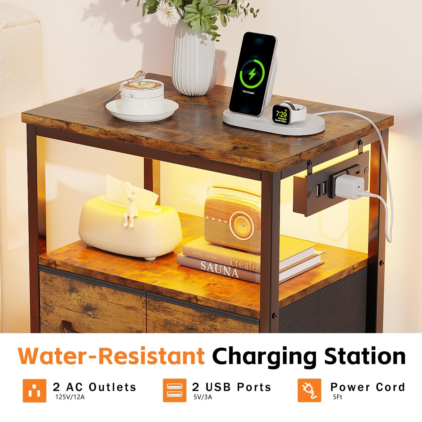 Flrrtenv Dresser for Bedroom, Night Stand with Charging Station, LED Nightstand with 4 Drawers, Tall Commode de Chambre for Bedroom, Bedside Table with Storage Shelf for Living Room, Rustic Brown