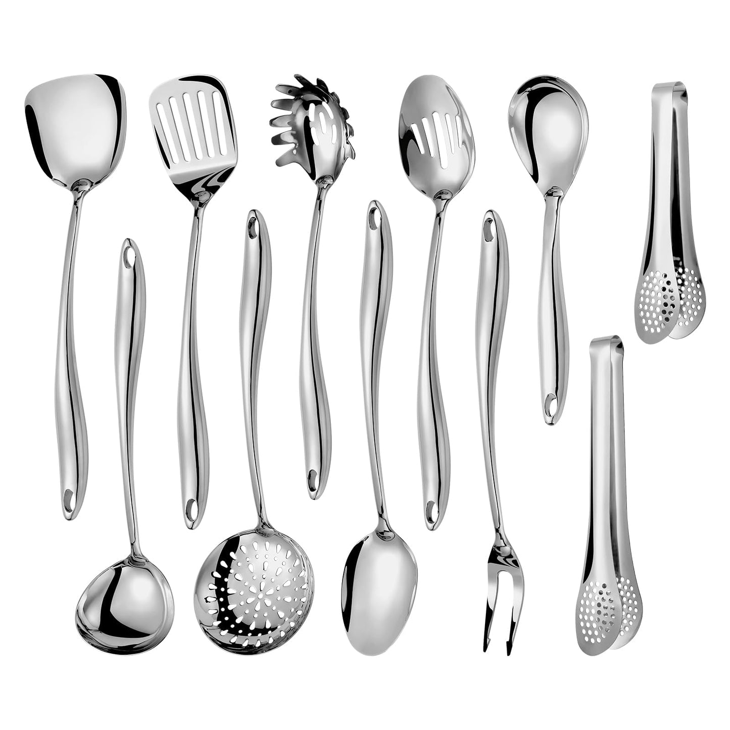 304 Stainless Steel Kitchen Utensils Set, 11 Pcs Long Metal Cooking Utensil Gadgets Tools Set with Spatula, Spoon, Ladle, Skimmer, Turner, Pasta Server, Tongs(Mirror Polished, Dishwasher Safe)
