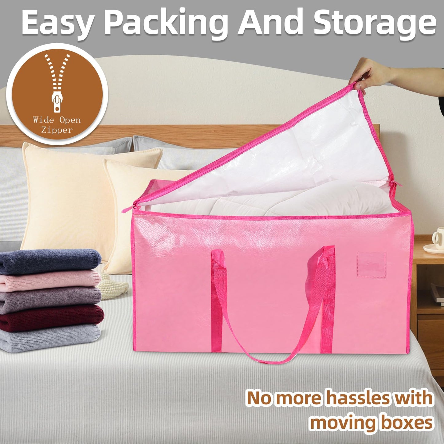 Extra Large Heavy Duty Moving Bags - Waterproof Storage Totes with Reinforced Handles & Zippers, Foldable for College Dorm Essentials, Clothes Storage & Travel (6-Pack Pink)