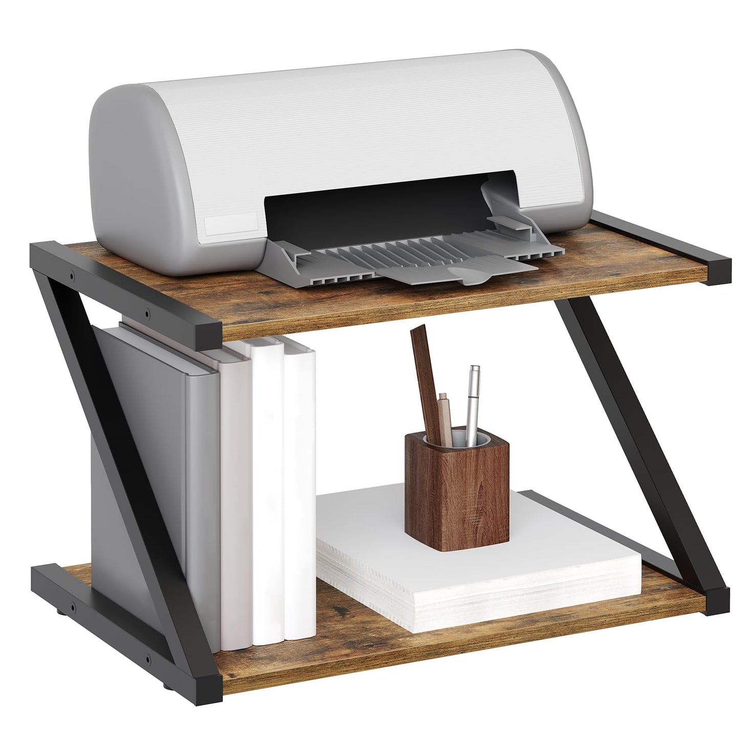 YATINEY Desktop Printer Stand, 2-Tier Printer Table with Storage Shelf, Under Desk Printer Stand for Home Office, Open Organizer Shelf, Easy Assembly, Rustic Brown PS02BR