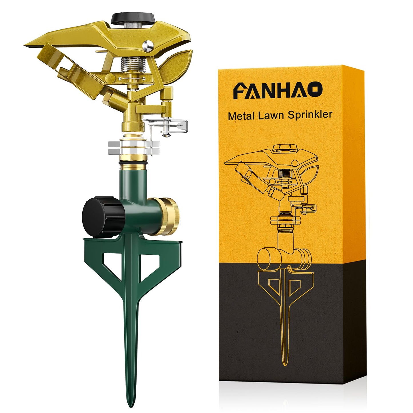 FANHAO Heavy Duty Pulsating Lawn Sprinkler on Spike Base, 100% Metal Impact Sprinkler with Adjustable Spray Pattern for Lawn Yard Irrigation, 360 Degree Large Area Coverage, Covers Up to 5800 sq. ft