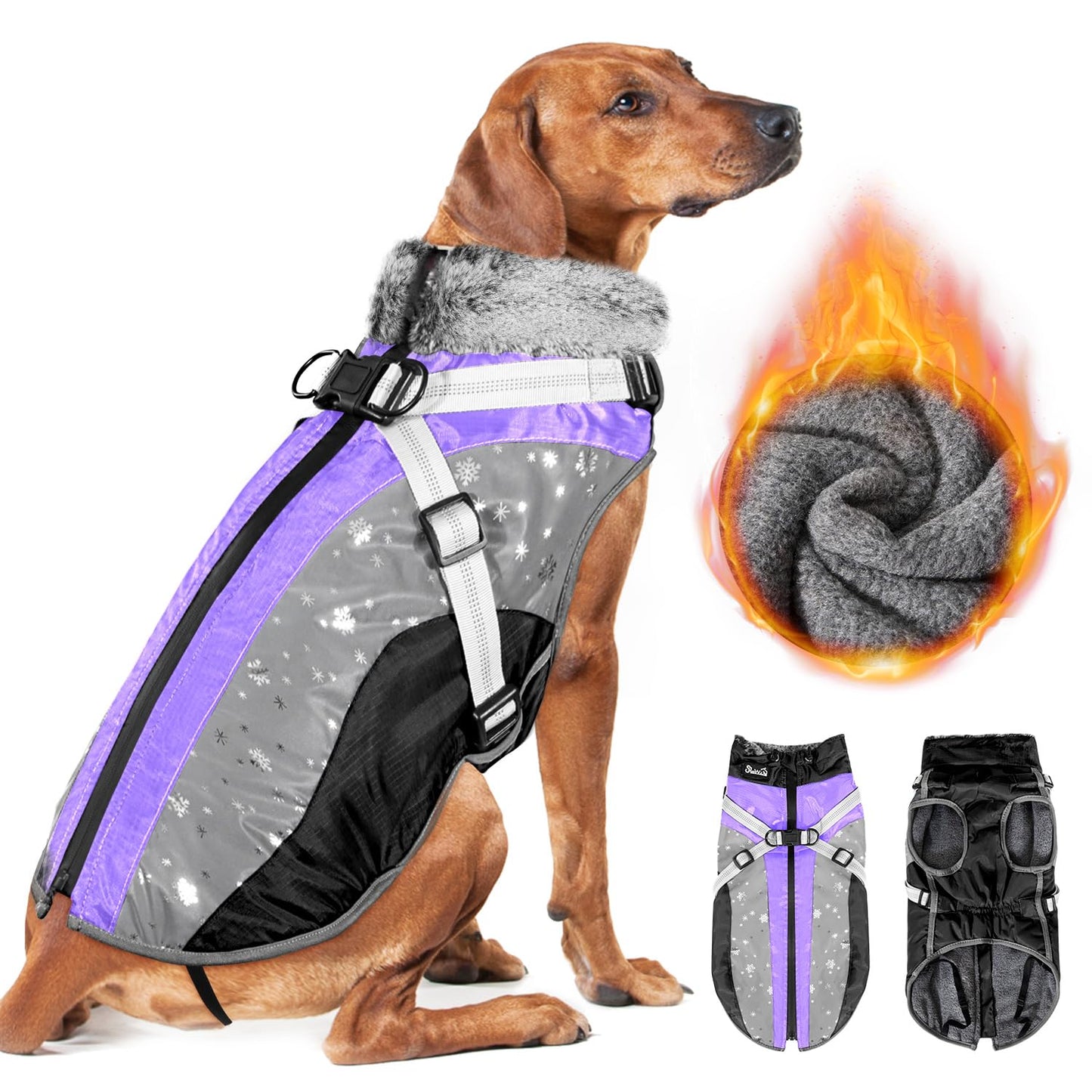 AUTOWT Winter Dog Coat for Medium Large Dogs, Waterproof Dog Coats Warm Jacket with Built in Harness, Adjustable Reflective Fleece Lining Dogs Cold Weather Coat Furry Clothes for Snow,Purple,XXL