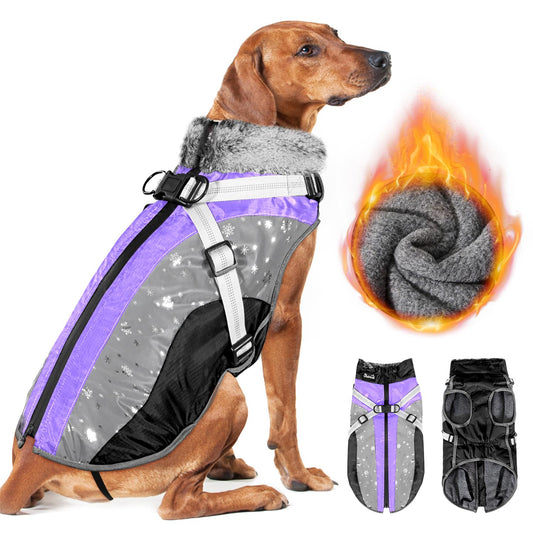 AUTOWT Winter Dog Coat for Medium Large Dogs, Waterproof Dog Coats Warm Jacket with Built in Harness, Adjustable Reflective Fleece Lining Dogs Cold Weather Coat Furry Clothes for Snow,Purple,XXL