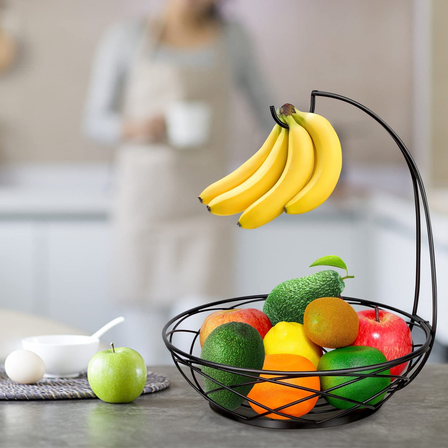 Fruit Bowl with Banana Hanger - Fruit Basket for Kitchen Counter with Holder - Black Chrome