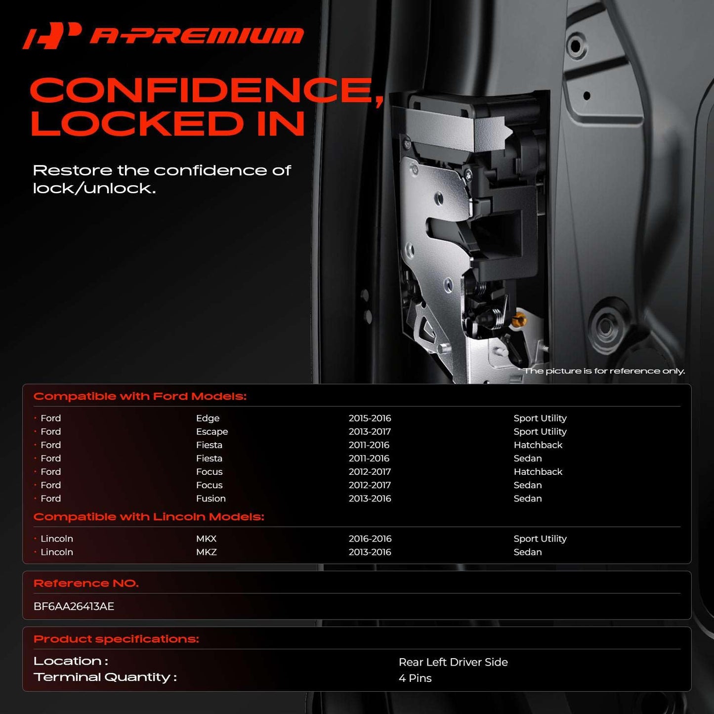 A-Premium Door Latch Lock Actuator Compatible with Ford Edge 2015-2016, Escape 2013-2017, Fiesta 2011-2016, Focus 2012-2017, Fusion 2013-2016 & Lincoln MKX 2016, MKZ 2013-2016, Rear Left Driver Side