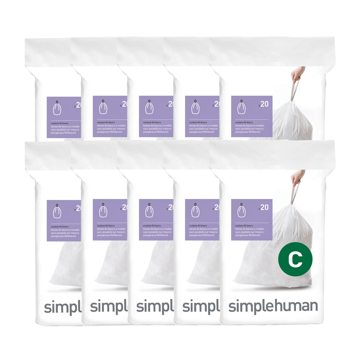 simplehuman Code C 200 Count, Dispenser Pack Custom Fit Liners, Drawstring Trash Bags, 10-12L / 2.6-3.1 Gallons, White