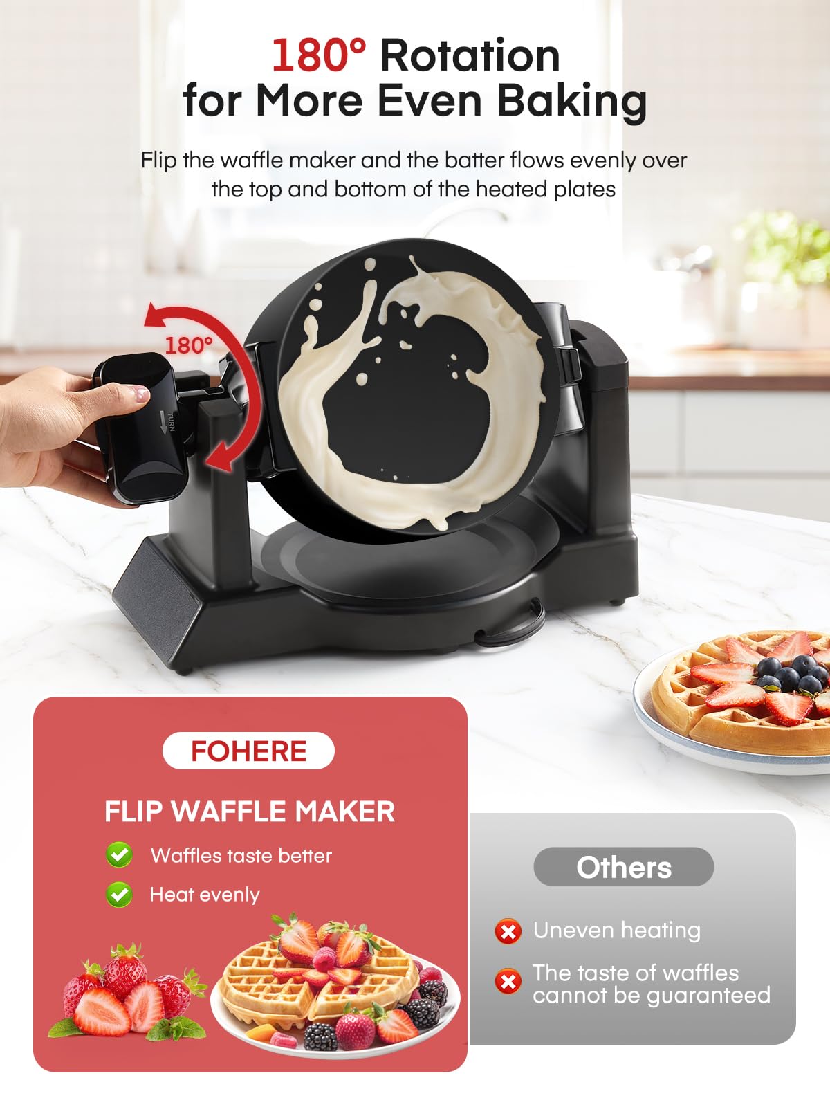 FOHERE Waffle Maker, 8-Slice Belgian Waffle Maker, 180° Rotating Waffle Iron with Double Waffle Plates, Nonstick Plates and Removable Drip Tray, Cool Touch Handle (Large)