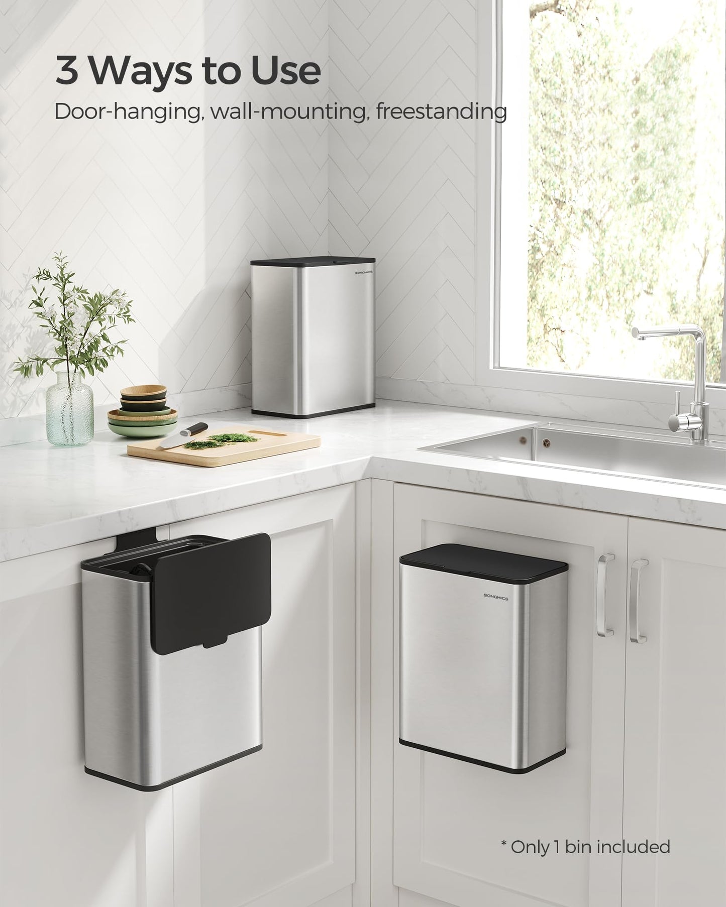 SONGMICS Hanging Trash Can, 2.1-Gallon (8 L) Kitchen Garbage Can with Lid, Cabinet Door Hanging or Wall-Mounted with Hooks, for Under Sink, Bathrooms, Metallic Silver ULTB810E08