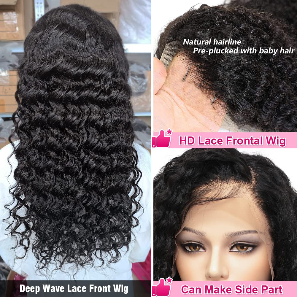 180 Density 13x4 HD Lace Front Wigs Human Hair Pre Plucked with Baby Hair Transparent Glueless Brazilian Deep Wave Frontal Wigs for Women Natural Black Color22 inch