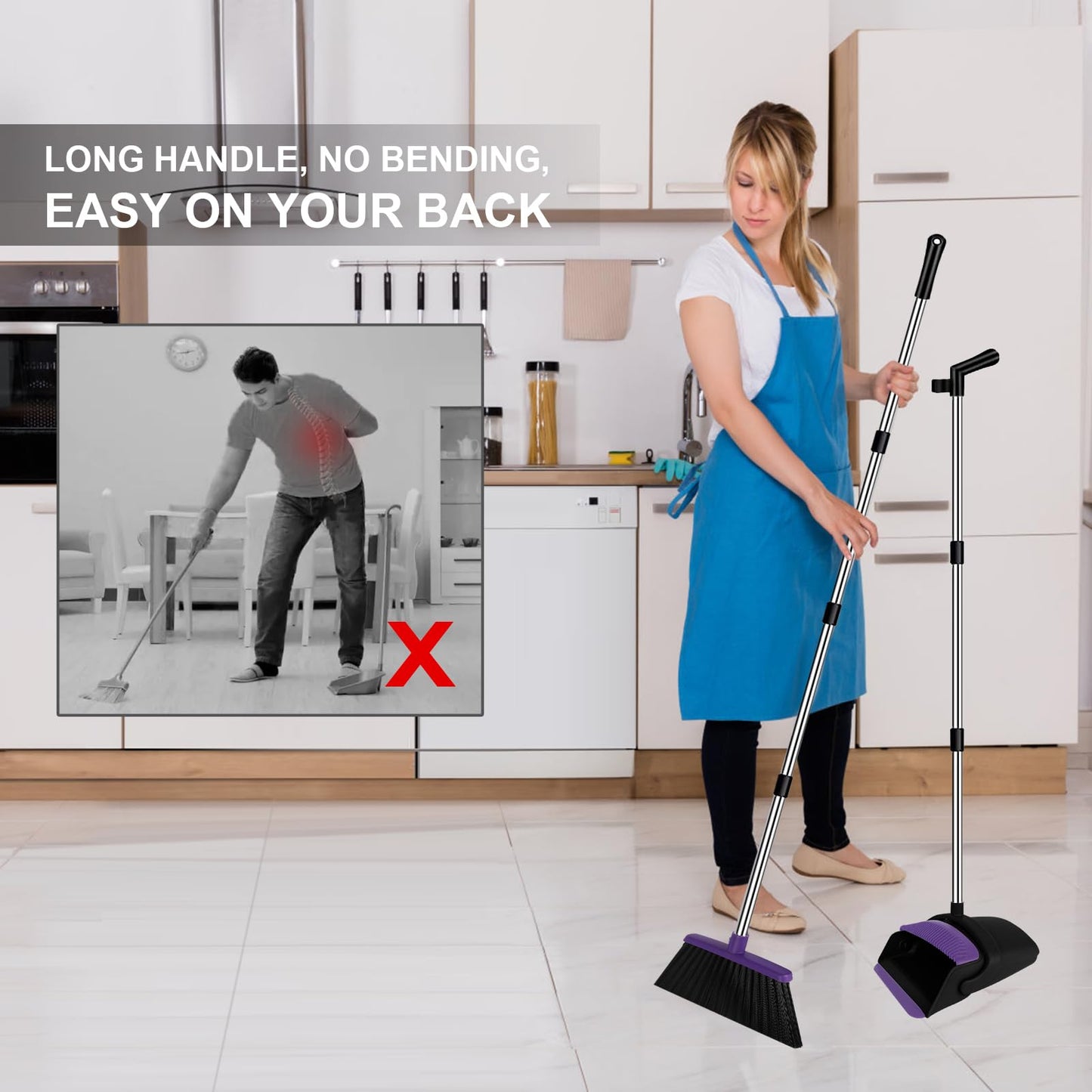 UDUK Broom with Dustpan Combo Set Upright, 51” Long Handle with Comb Teeth,Broom and Dustpan for Dog Cat Pets Home Kitchen Room Lobby Use, Normal, Purple