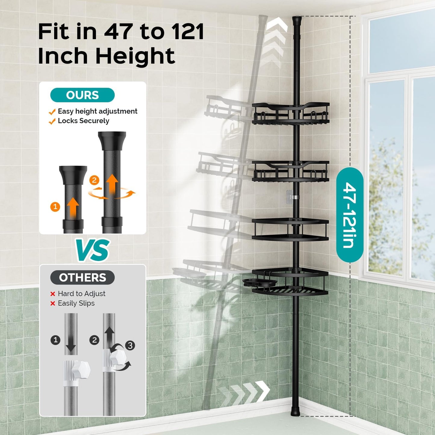 HAMITOR Corner Shower Caddy Tension Pole: High Capacity 4-Tier Rustproof Bathroom Organizer Shelves for Small Bathrooms - 47-121 inch Adjustable Floor Standing Bath Rack Holder - Black