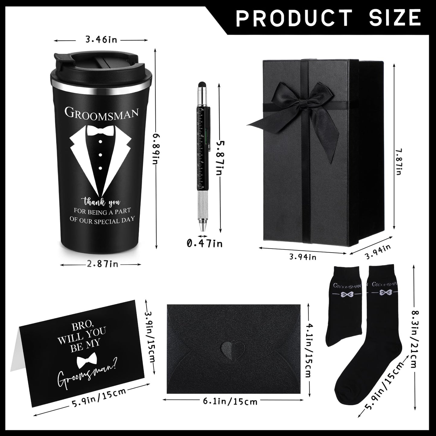 Nuanchu 6 Pcs Groomsmen Officiant Gifts Wedding Proposal Gift for Best Man Groomsman 17 Oz Coffee Cup Tumbler Socks Multi Tool Ballpoint Pen with Greeting Card Envelope(Black)