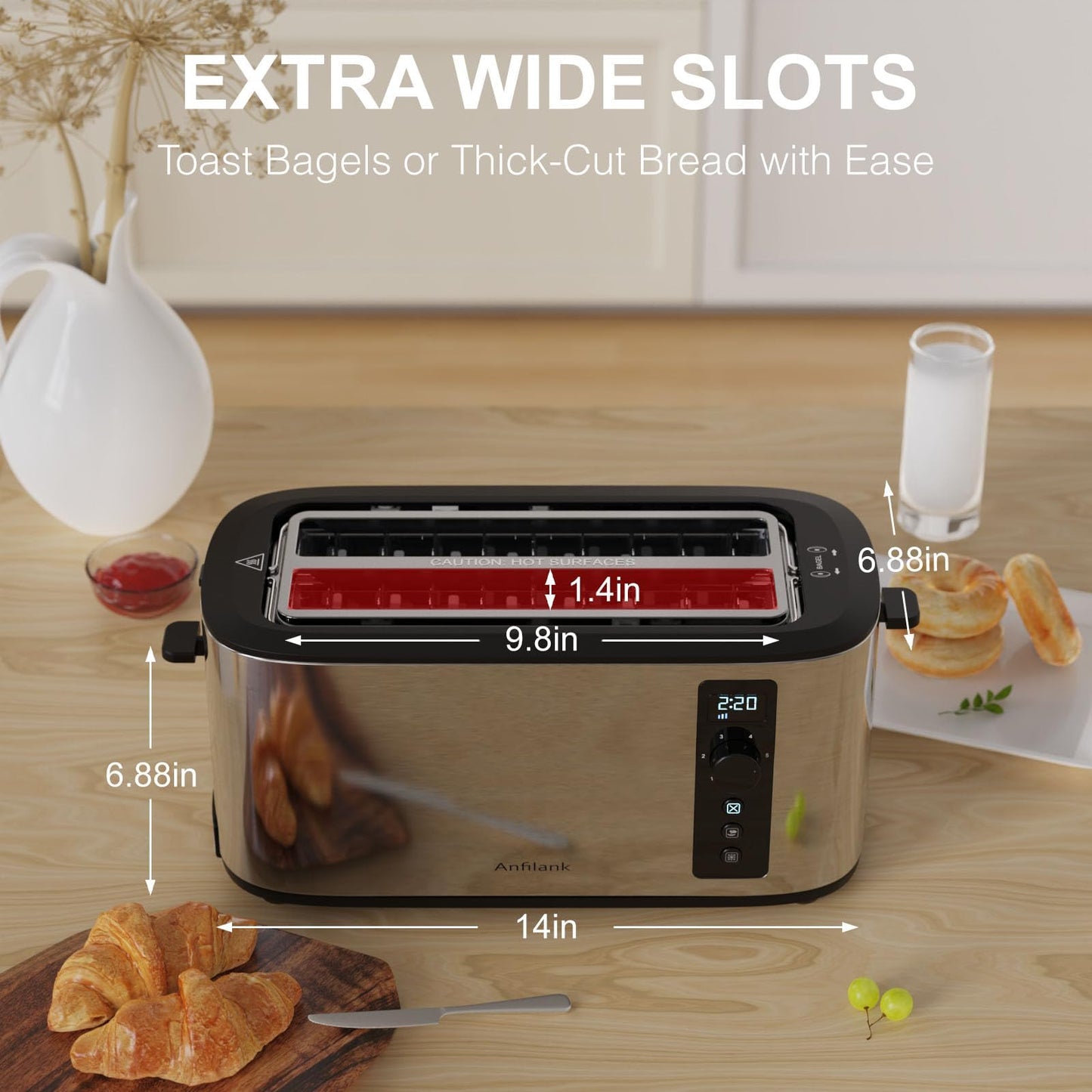 Anfilank Long Slot 4 Slice Toaster, Countdown Timer, 6 Browning Settings, Cancel/Bagel/Defrost Functions, Built-in Warming Rack, Removable Crumb Tray, Extra-Wide Long Slots - Stainless Steel