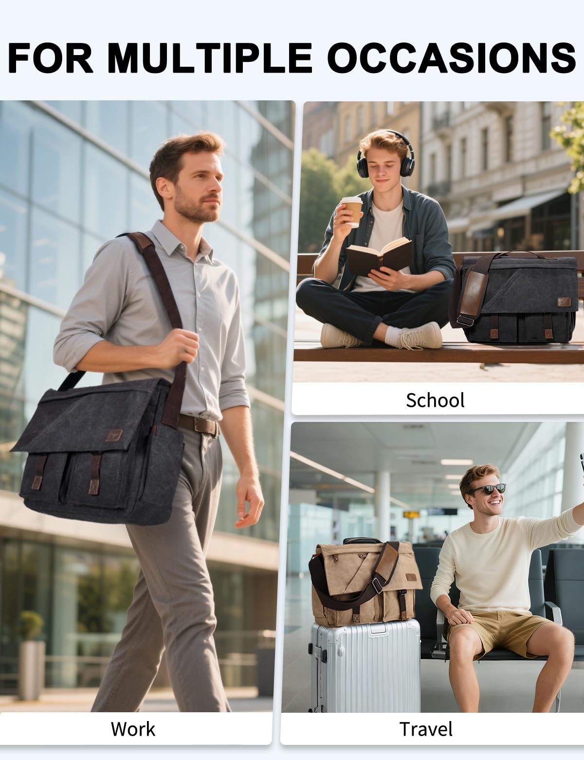 Messenger Bag for Men Women，Kasqo 17 Inch Large Canvas Laptop Bag Water Resistant Shoulder Bag Satchel Computer Briefcase for Office Business Travel School Dark Gray