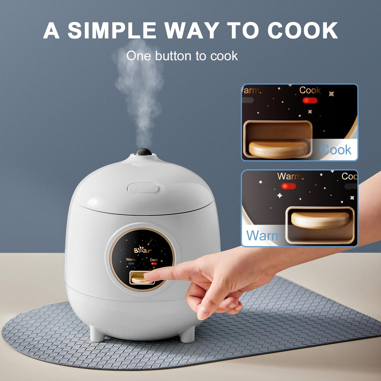 Rice Cooker 2-Cups Uncooked, 1.2L Small Rice Cooker with Non-stick Coating, BPA Free, Portable Mini Rice Cooker, One Button to Cook and Keep Warm Function, White