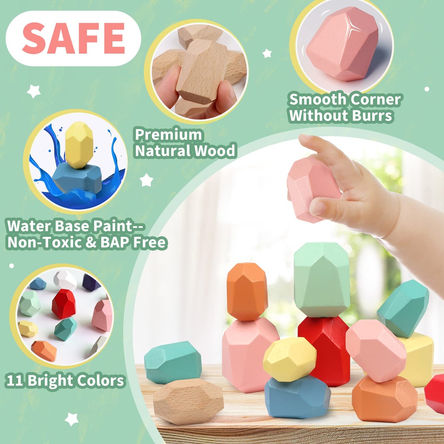 FUNNYB&G 36 PCS Stacking Rocks Montessori Toys for 3+ Year Old Girls Boys Wooden Building Blocks Balancing Stones for Kids Preschool Educational Sensory Toys for Toddlers Easter Birthday Gifts