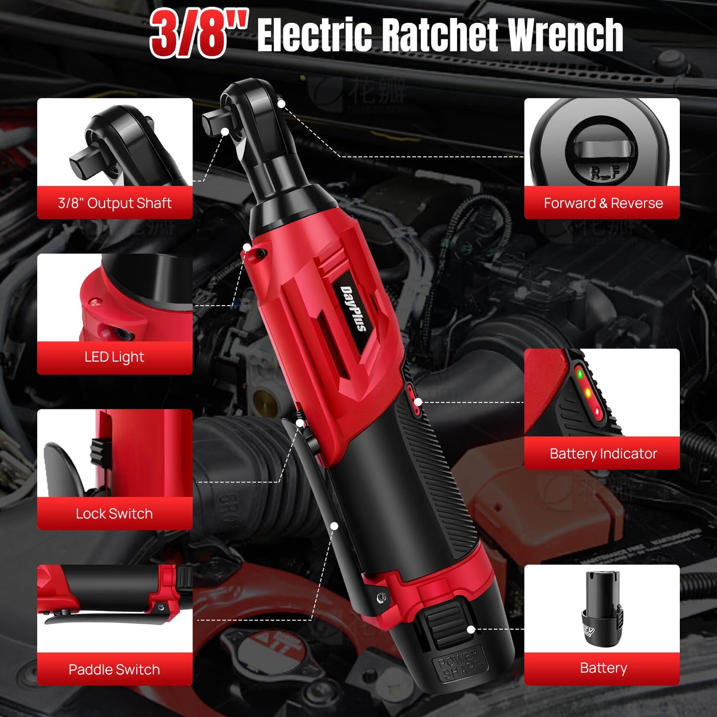 Cordless Electric Ratchet Wrench Kit, 0-2300 RPM 3/8 Inch Power Ratchet Wrench with Variable Speed Trigger 2X 1.5Ah Li-Ion Batteries, 7 Sockets, Fast Charge -Red