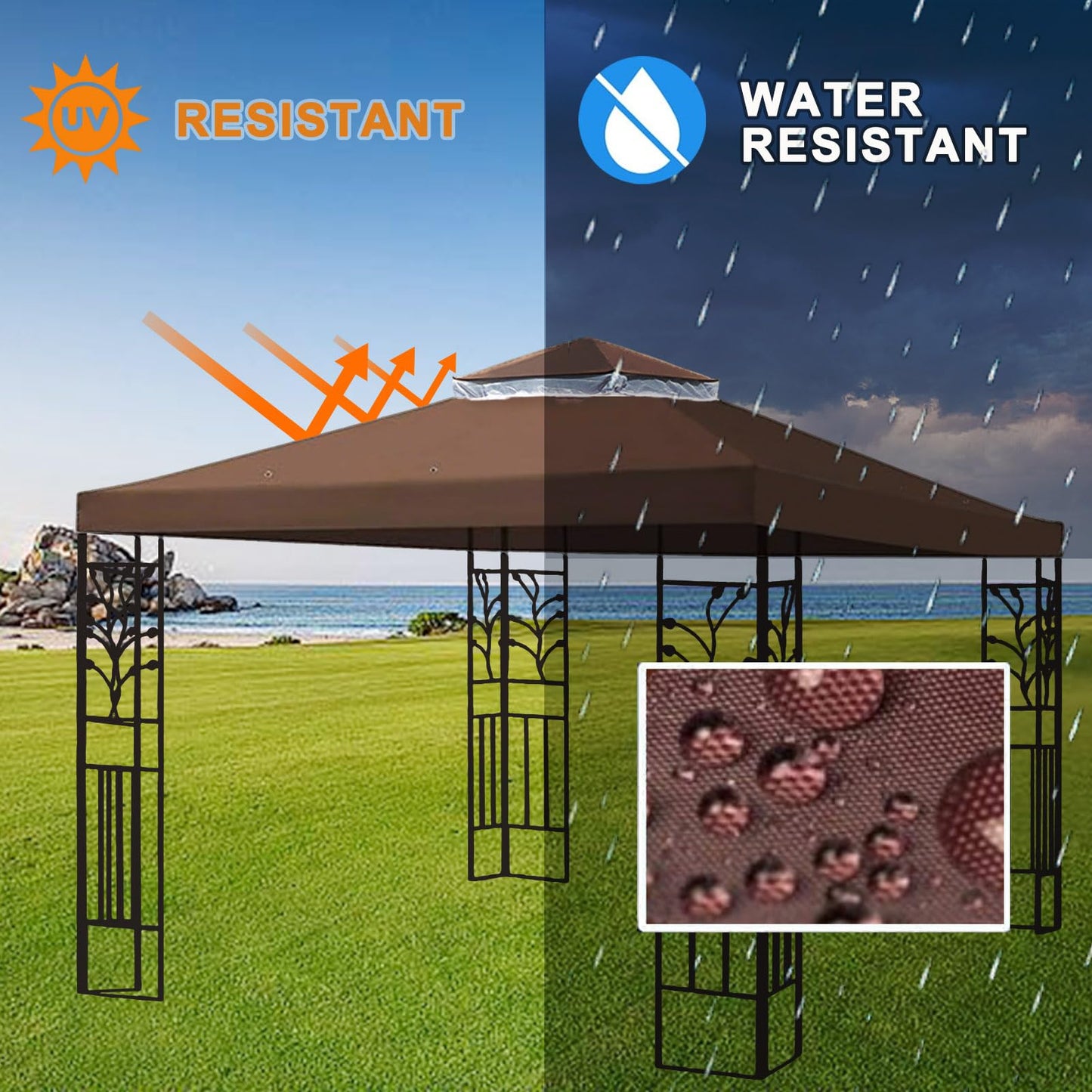 8'x8' Gazebo Canopy Replacement Top, 2 Tier Outdoor Waterproof Gazebo Canopy Cover with Drainage Hole, for Outdoor Patio Backyard Garden Lawn Sun-Shelter (Brown)