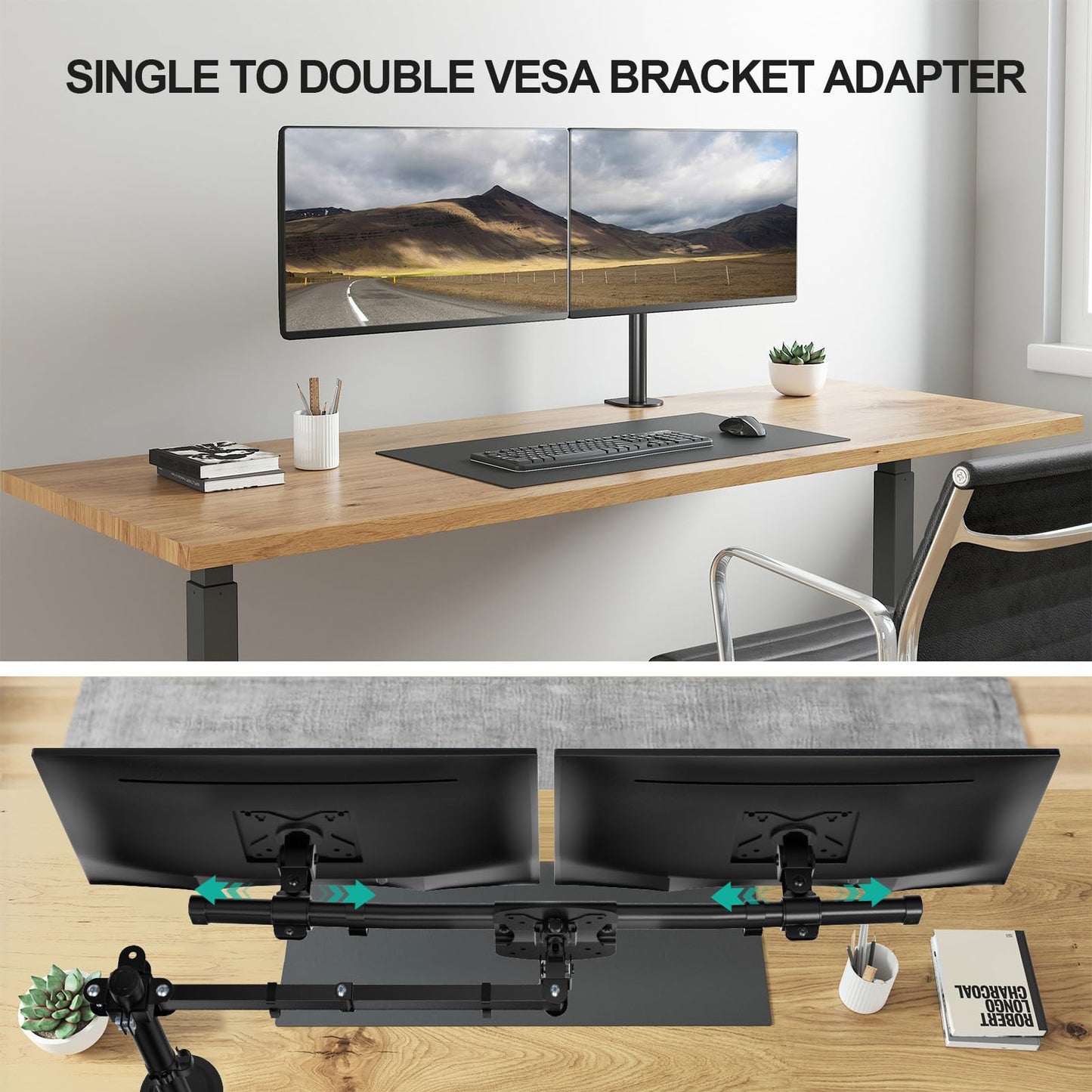 WALI Dual Monitor Arm Wall Mount up to 27 inch, Single to Double Bracket Adapter, Horizontal Assembly Monitor Arm for 2 Screens, Holds Up to 22lbs per Arm (012ARM), Black