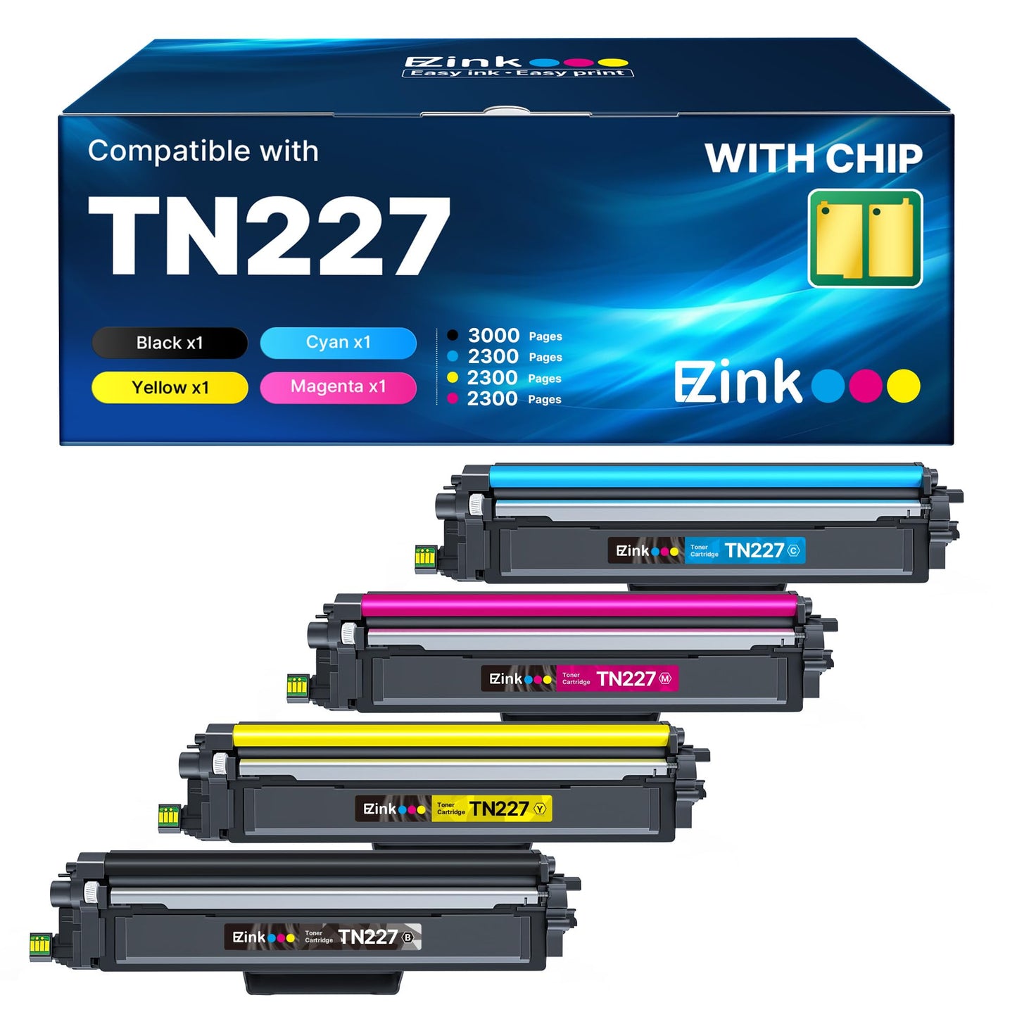 E-Z Ink (Newest Chip) TN227 Toner Cartridges 4 Pack Compatible Replacement for Brother TN227 TN227XL TN223 for HL-L3290CDW MFC-L3710CW MFC-L3750CDW MFC-L3770CDW HL-L3270CDW Printer (BK/C/M/Y)