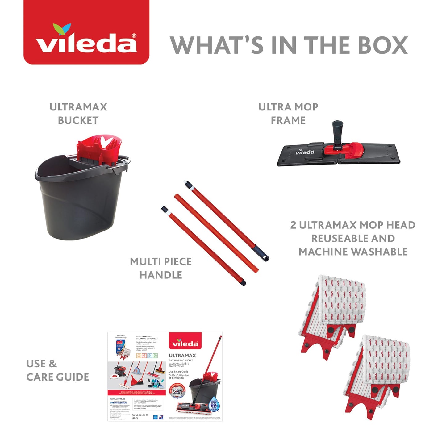 Vileda Ultramax Flat Mop and Bucket Set with 1 Extra Refill | Multi-Piece Handle | Perfect Mop for Walls and Ceilings | Machine-Washable Mop Head