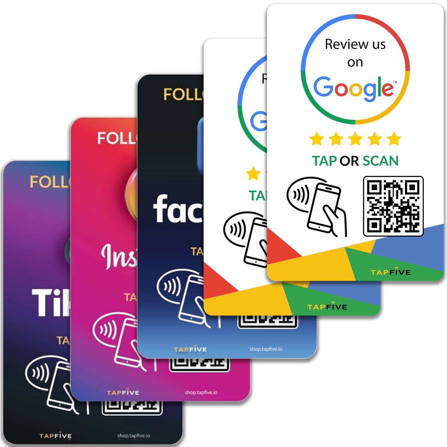TapFive Google Review Tap Cards + Follow Us on Instagram Facebook TikTok Tap Cards (5-Pack) - Tap for Instant Reviews & Followers - All Phones Compatible - Reusable Tap NFC & QR (5-Pack Social Pack)
