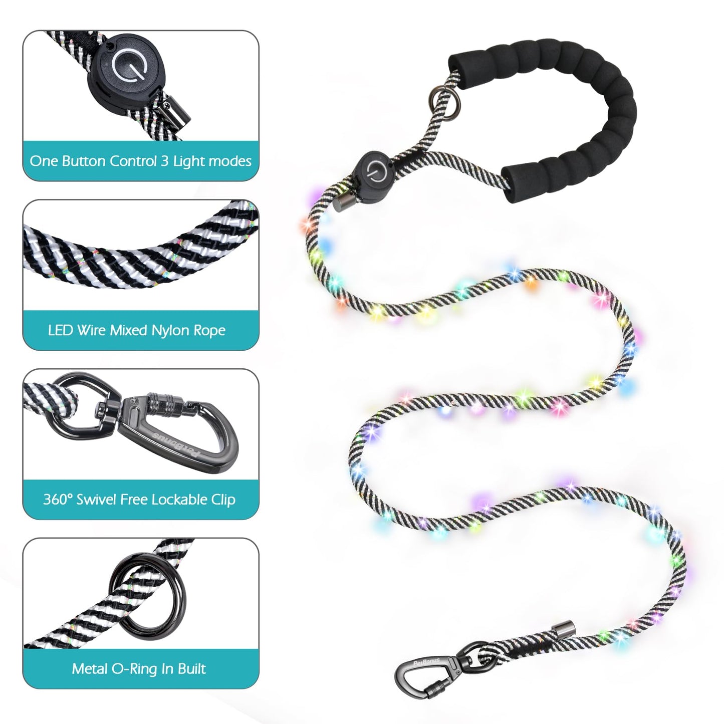 PetBonus 5 FT LED Dog Leash, Rechargeable Light Up Rope Dog Lead, 3 Lighting Modes, Thick Soft Padded Handle, Safer Night Walking for Small Medium Dogs (Black)