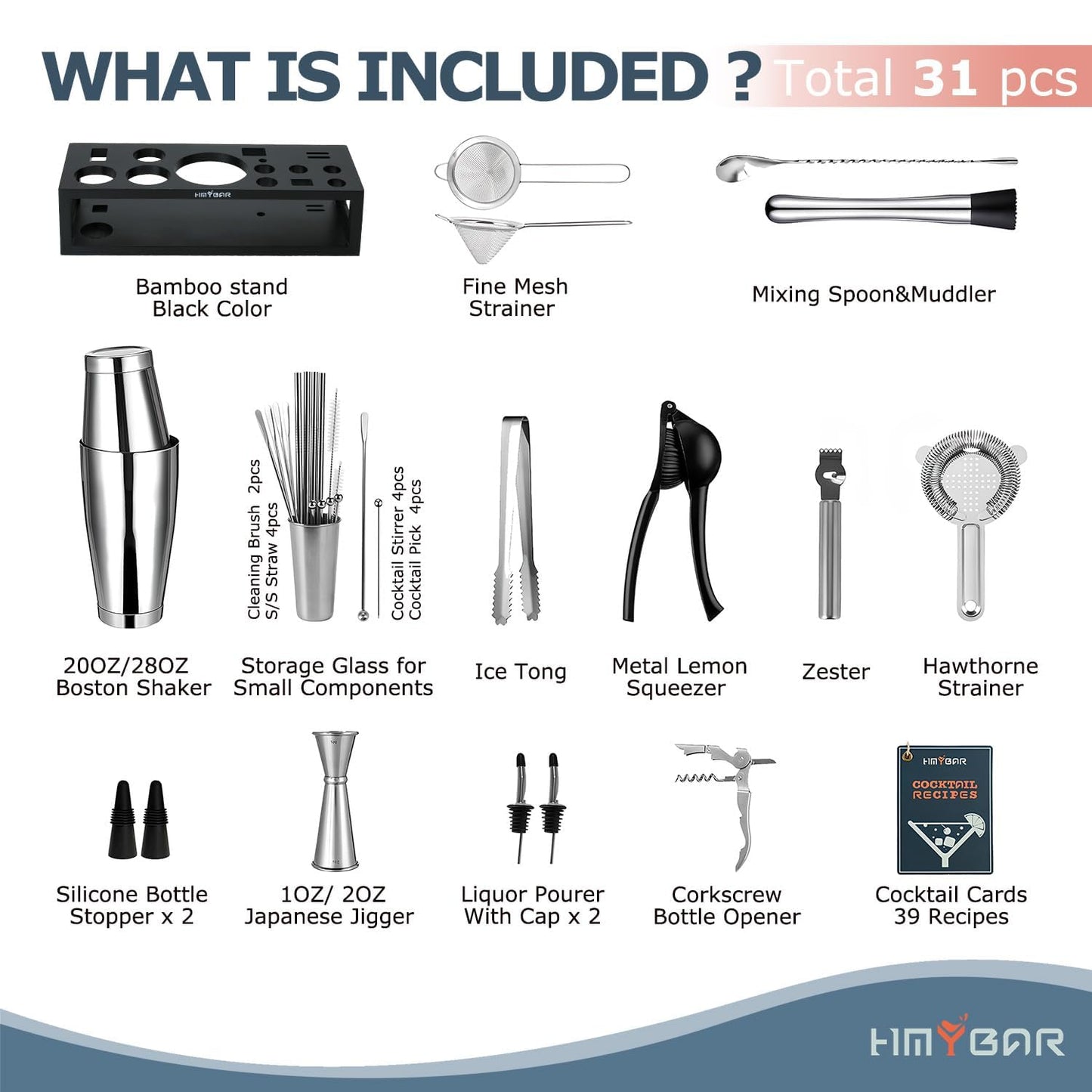 HMYBAR® Mixology Bartender kit | Cocktail Shaker Set | Boston Shaker Set, 20/28 OZ | Martini Making Set for Home Bar. Total 31 pcs incl 39-Recipe Cocktail Cards. Silver Tools. Bamb Stand Black Color