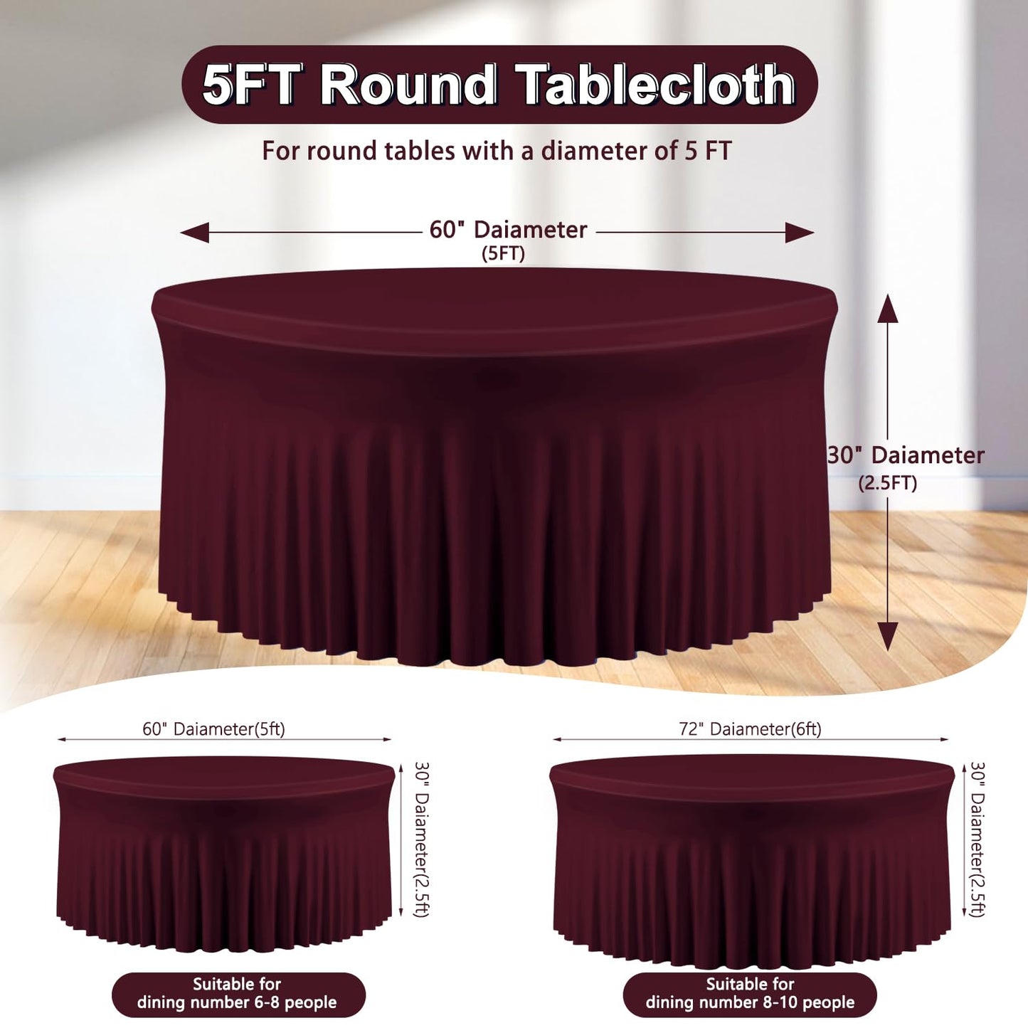 6 Pack Burgundy Tablecloths for Round Table, 60 Inch Round Tablecloth Fabric, Fitted Table Covers for 5 FT Circle Tables for Wedding Birthday Photography Themed Party Banquet Holidays Red Party Decor