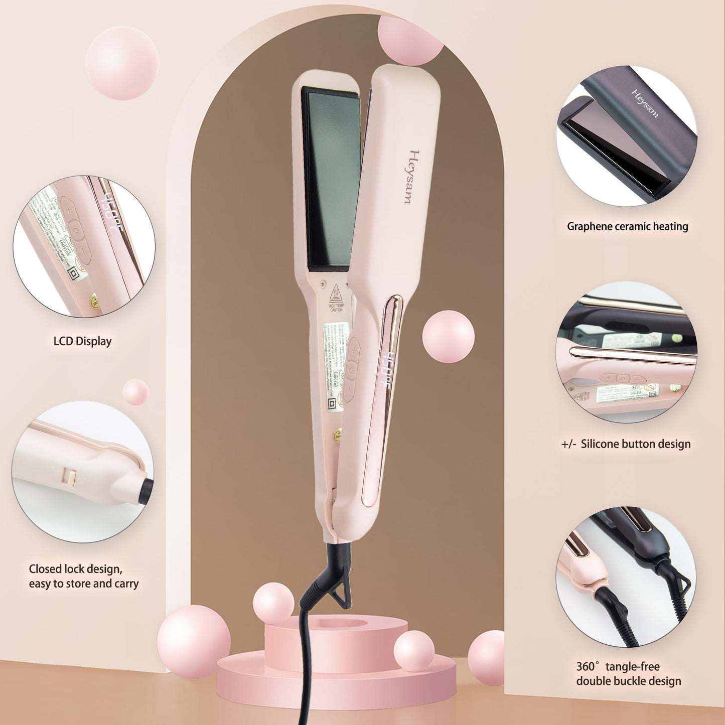 Heysam Flat Iron Hair Straightener for Women, Graphene Titanium Ceramic Plates 1.6 Inch Wide, Pink Flat Iron Dual Voltage Hair Straightener and Curler 2-in-1, LCD Temperature Display, 30S Fast Heating