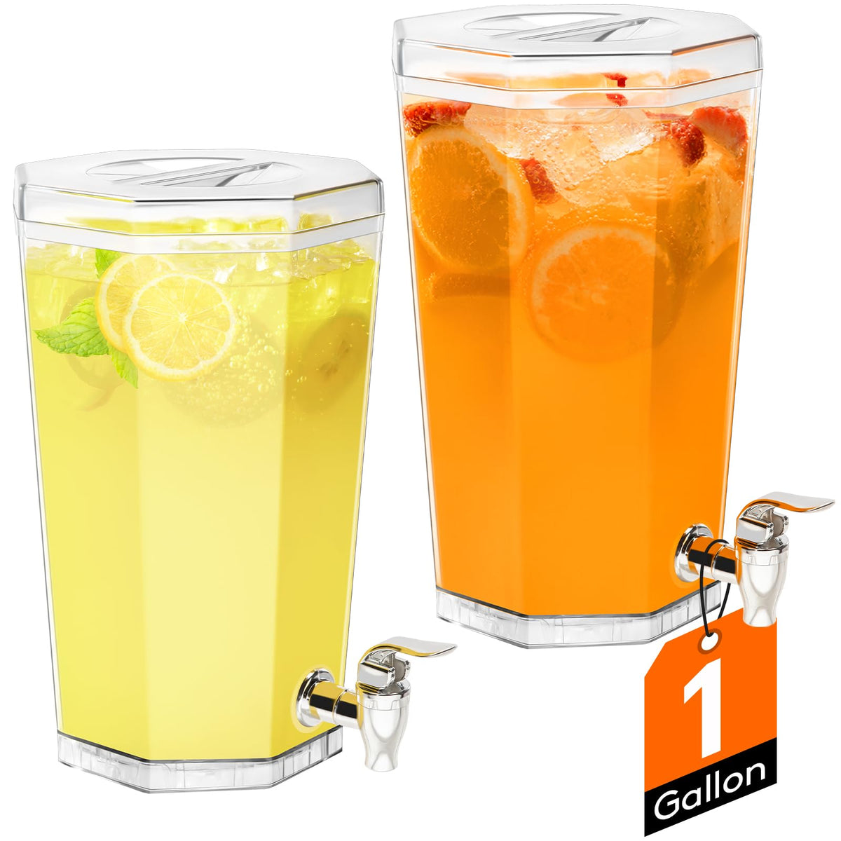 Lifewit 1 Gallon Plastic Drink Dispenser for Parties 2 Pcs (in 1 Package), Clear Beverage Container for Juice/Tea/Soda, Lemonade Dispenser with Spigot, BPA Free Drink Pitcher with Spout