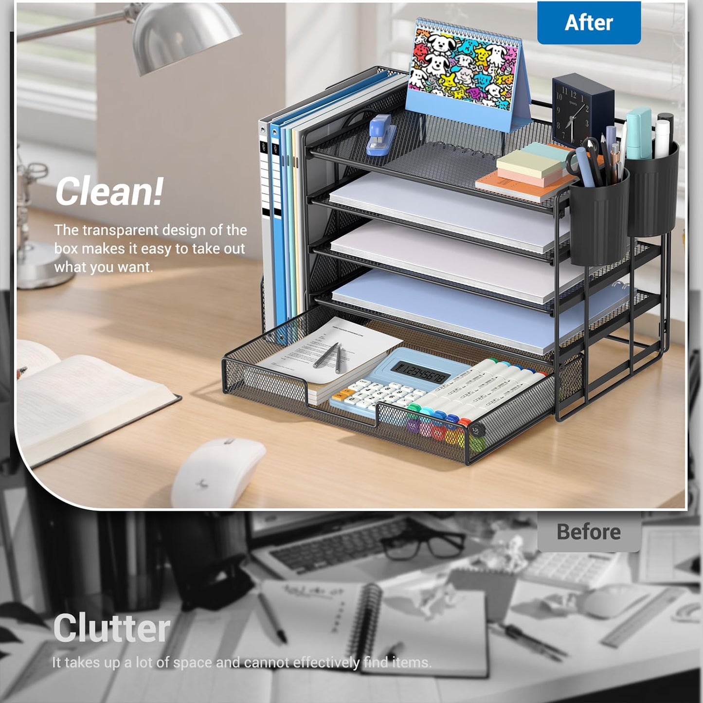 Gugsey Desk Organizer with File Holder, Organisateur et Accessoire de Bureau, 5-tier Paper Letter Tray with Drawer and Pen Holder, Mesh Desktop Office Supplies for School, Home, Office (Black)